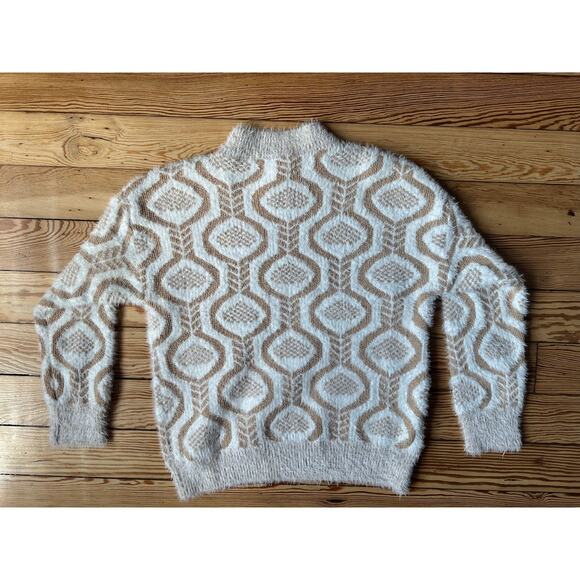 NWOT High Neck Tan Cream Knit Geometric Long Sleeve Winter Sweater S - Picture 7 of 7